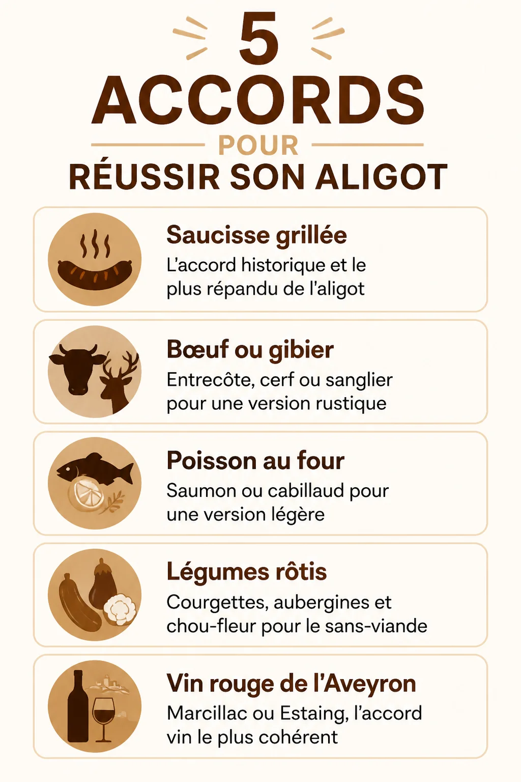 5 accords pour réussir son aligot : Saucisse grillée, Bœuf ou gibier, Poisson au four, Légumes rôtis, Vin rouge de l'Aveyron