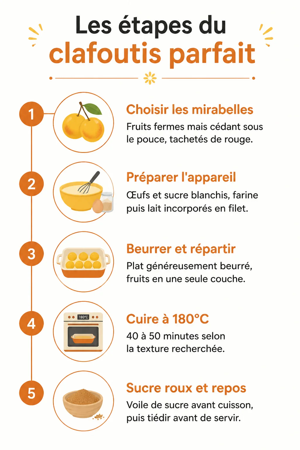 Les étapes du clafoutis parfait : 1. Choisir les mirabelles, 2. Préparer l'appareil, 3. Beurrer et répartir, 4. Cuire à 180°C, 5. Sucre roux et repos