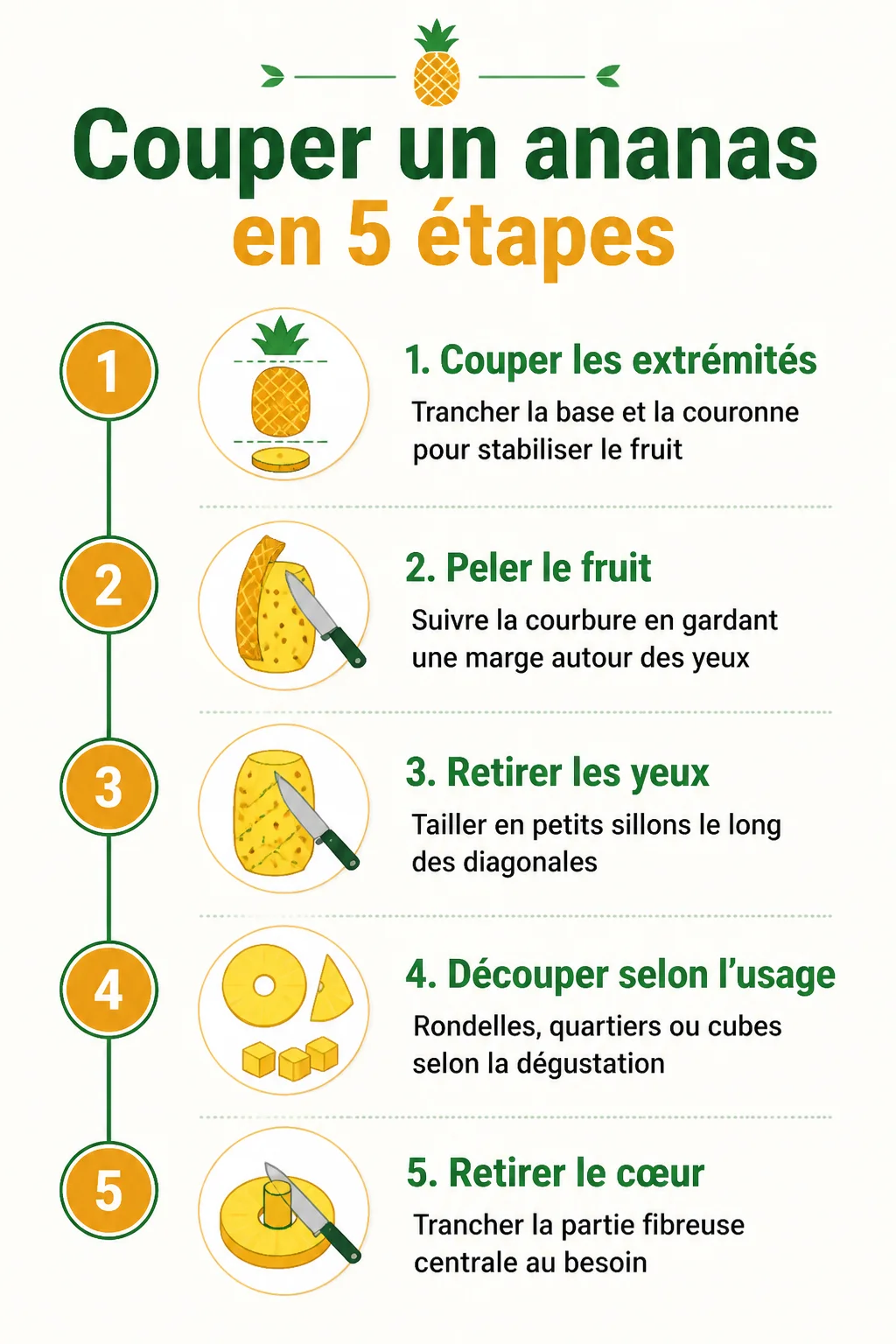 Couper un ananas en 5 étapes : 1. Couper les extrémités, 2. Peler le fruit, 3. Retirer les yeux, 4. Découper selon l'usage, 5. Retirer le cœur