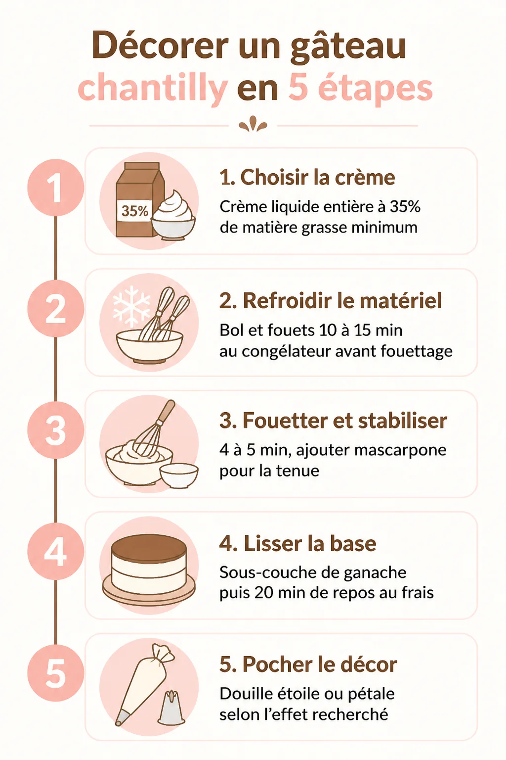 Décorer un gâteau chantilly en 5 étapes : 1. Choisir la crème, 2. Refroidir le matériel, 3. Fouetter et stabiliser, 4. Lisser la base, 5. Pocher le décor