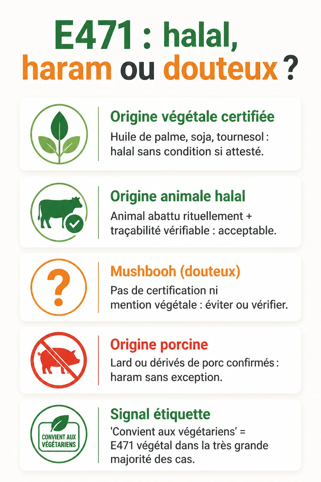 E471 : halal, haram ou douteux ? : Origine végétale certifiée, Origine animale halal, Mushbooh (douteux), Origine porcine, Signal étiquette