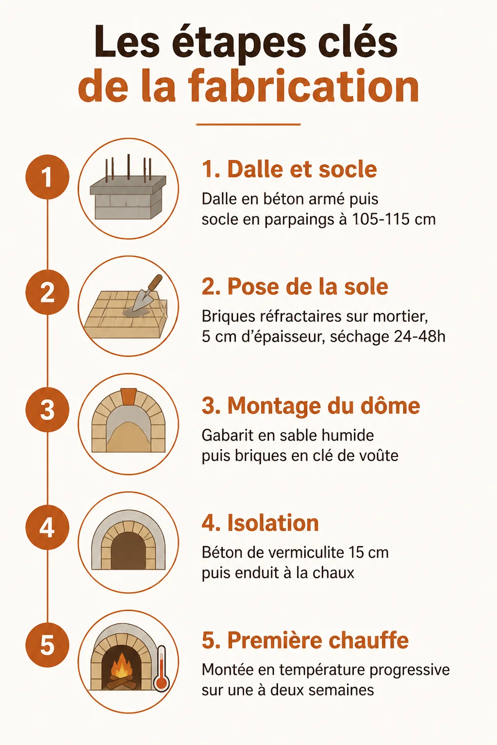 Les étapes clés de la fabrication : 1. Dalle et socle, 2. Pose de la sole, 3. Montage du dôme, 4. Isolation, 5. Première chauffe