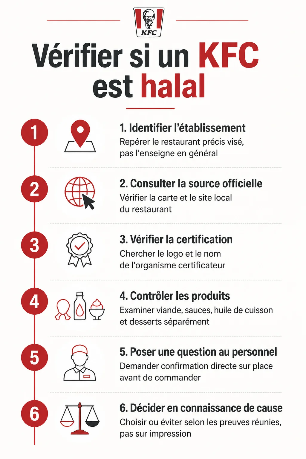 Vérifier si un KFC est halal : 1. Identifier l'établissement, 2. Consulter la source officielle, 3. Vérifier la certification, 4. Contrôler les produits, 5. Poser une question au personnel, 6. Décider en connaissance de cause