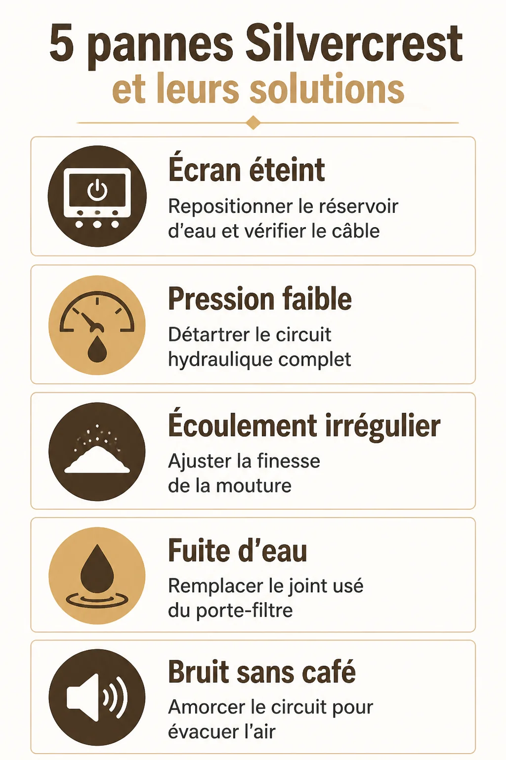 5 pannes Silvercrest et leurs solutions : Écran éteint, Pression faible, Écoulement irrégulier, Fuite d'eau, Bruit sans café