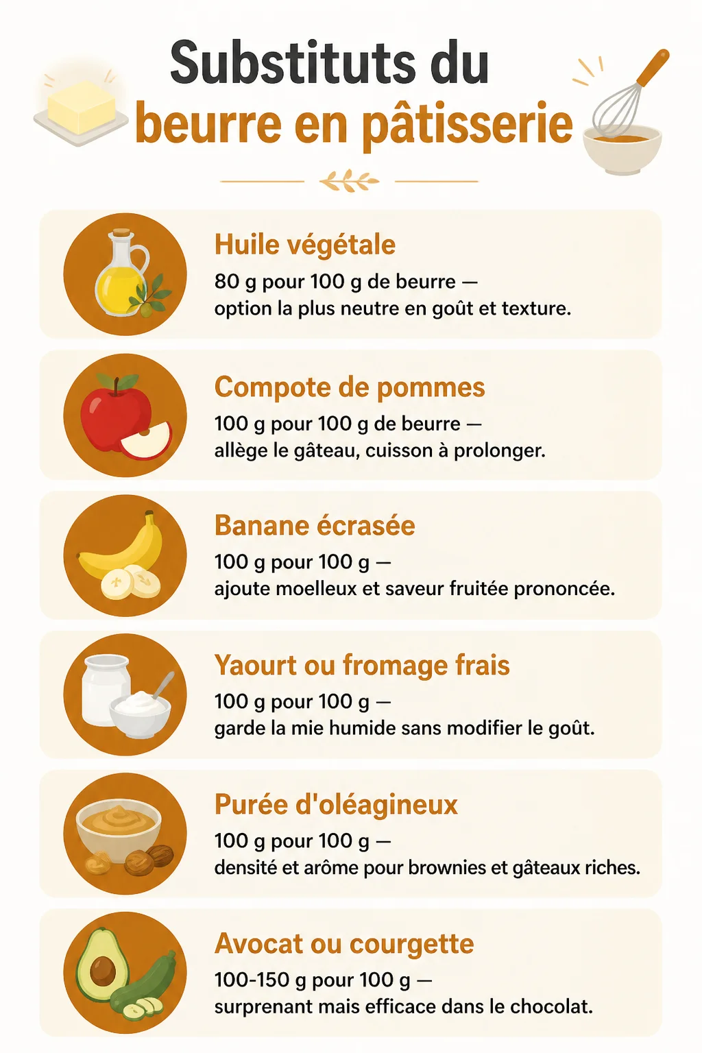 Substituts du beurre en pâtisserie : Huile végétale, Compote de pommes, Banane écrasée, Yaourt ou fromage frais, Purée d'oléagineux, Avocat ou courgette
