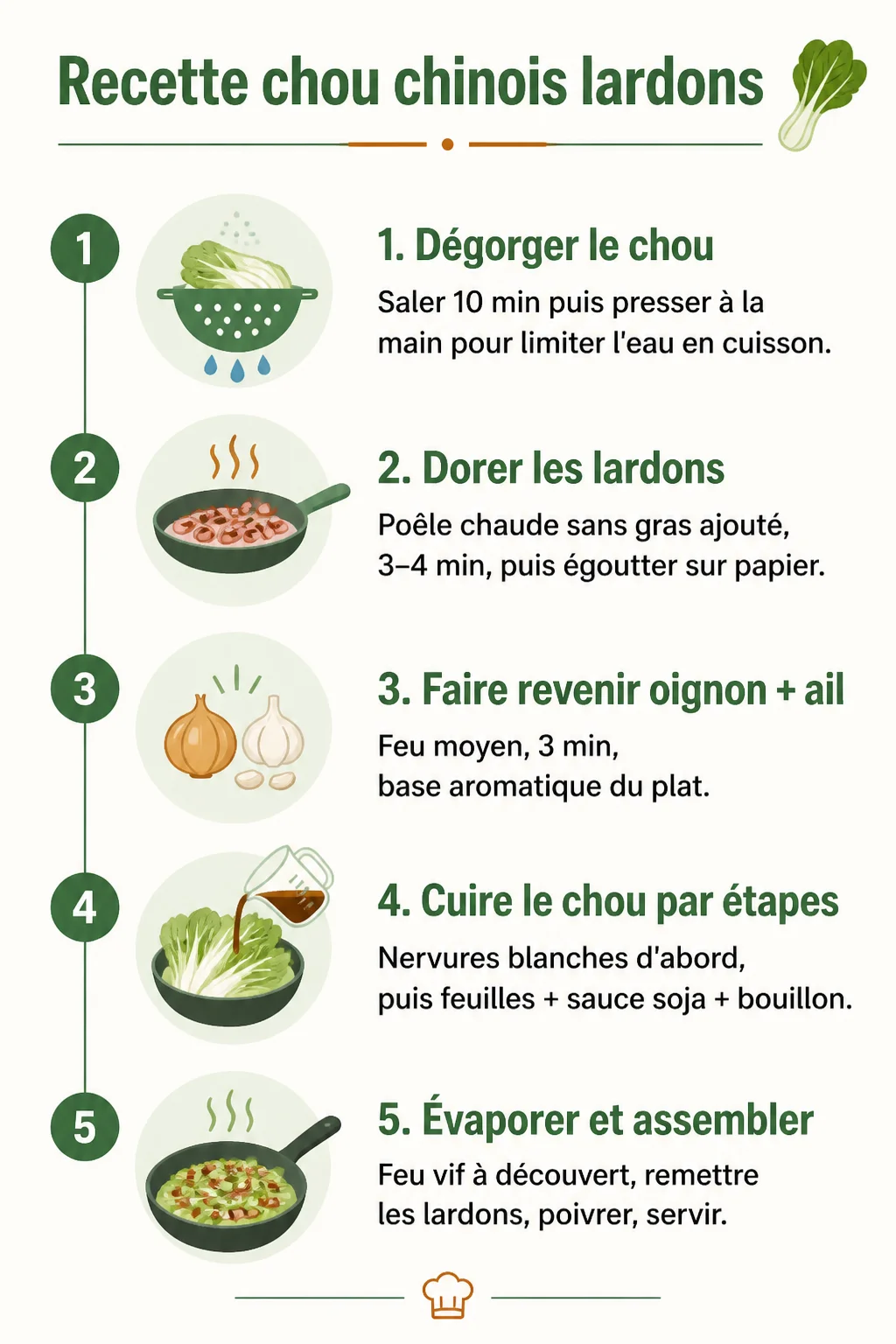 Recette chou chinois lardons : 1. Dégorger le chou, 2. Dorer les lardons, 3. Faire revenir oignon + ail, 4. Cuire le chou par étapes, 5. Évaporer et assembler