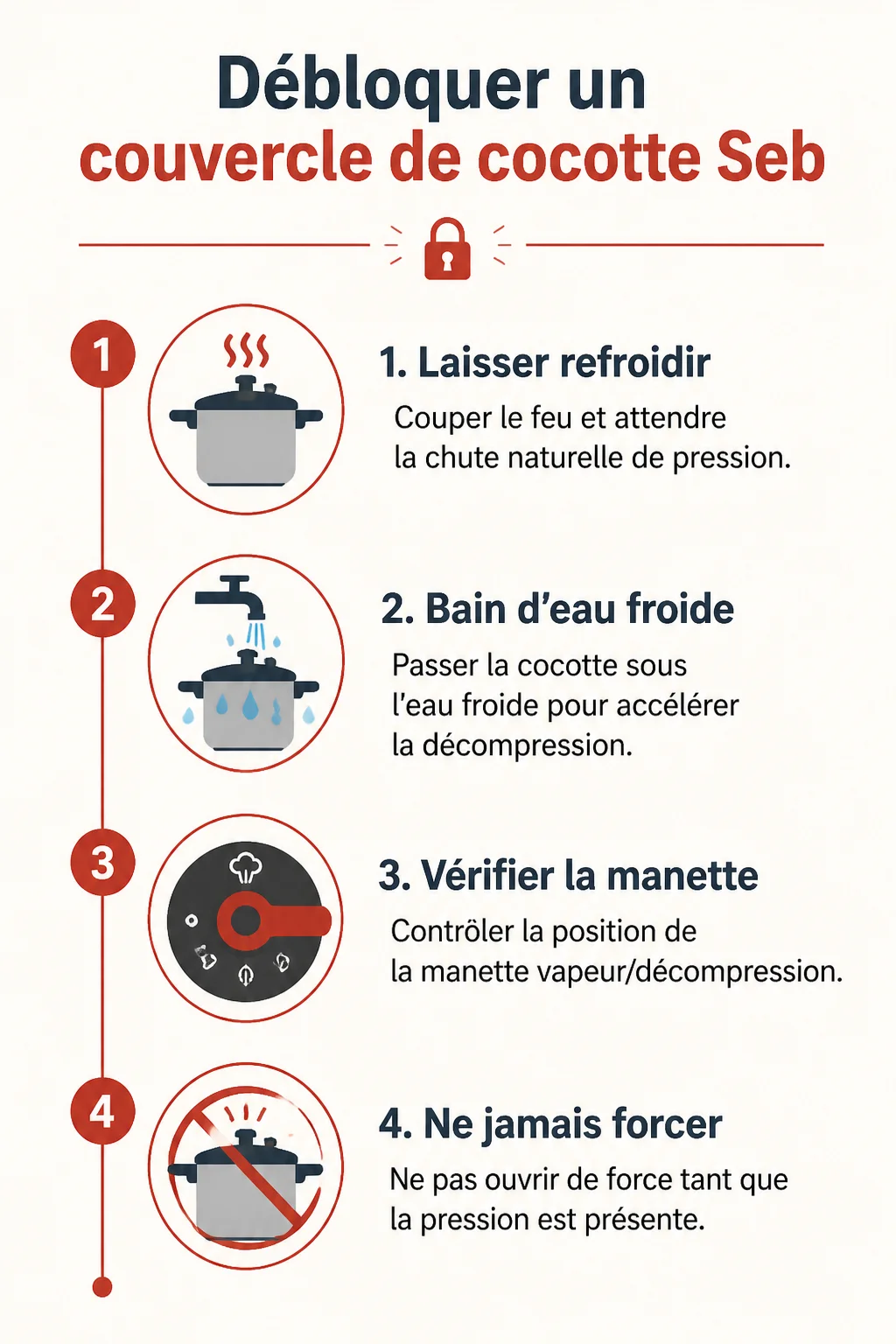 Débloquer un couvercle de cocotte Seb : 1. Laisser refroidir, 2. Bain d'eau froide, 3. Vérifier la manette, 4. Ne jamais forcer