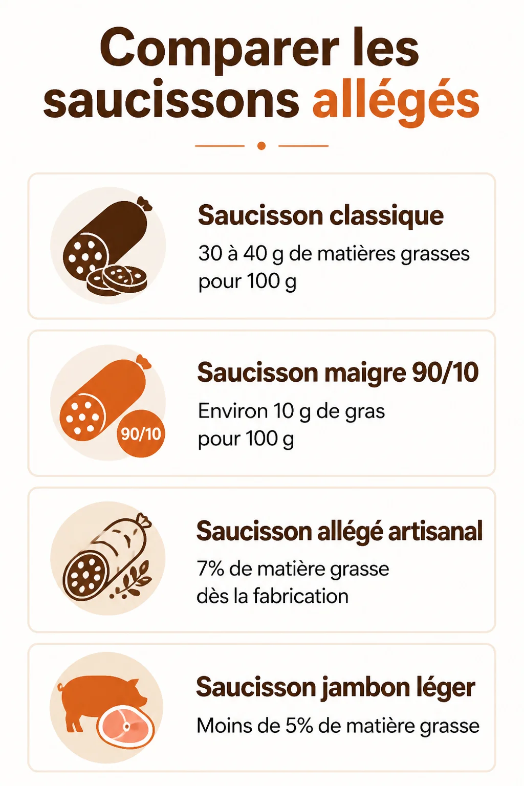 Comparer les saucissons allégés : Saucisson classique, Saucisson maigre 90/10, Saucisson allégé artisanal, Saucisson jambon léger