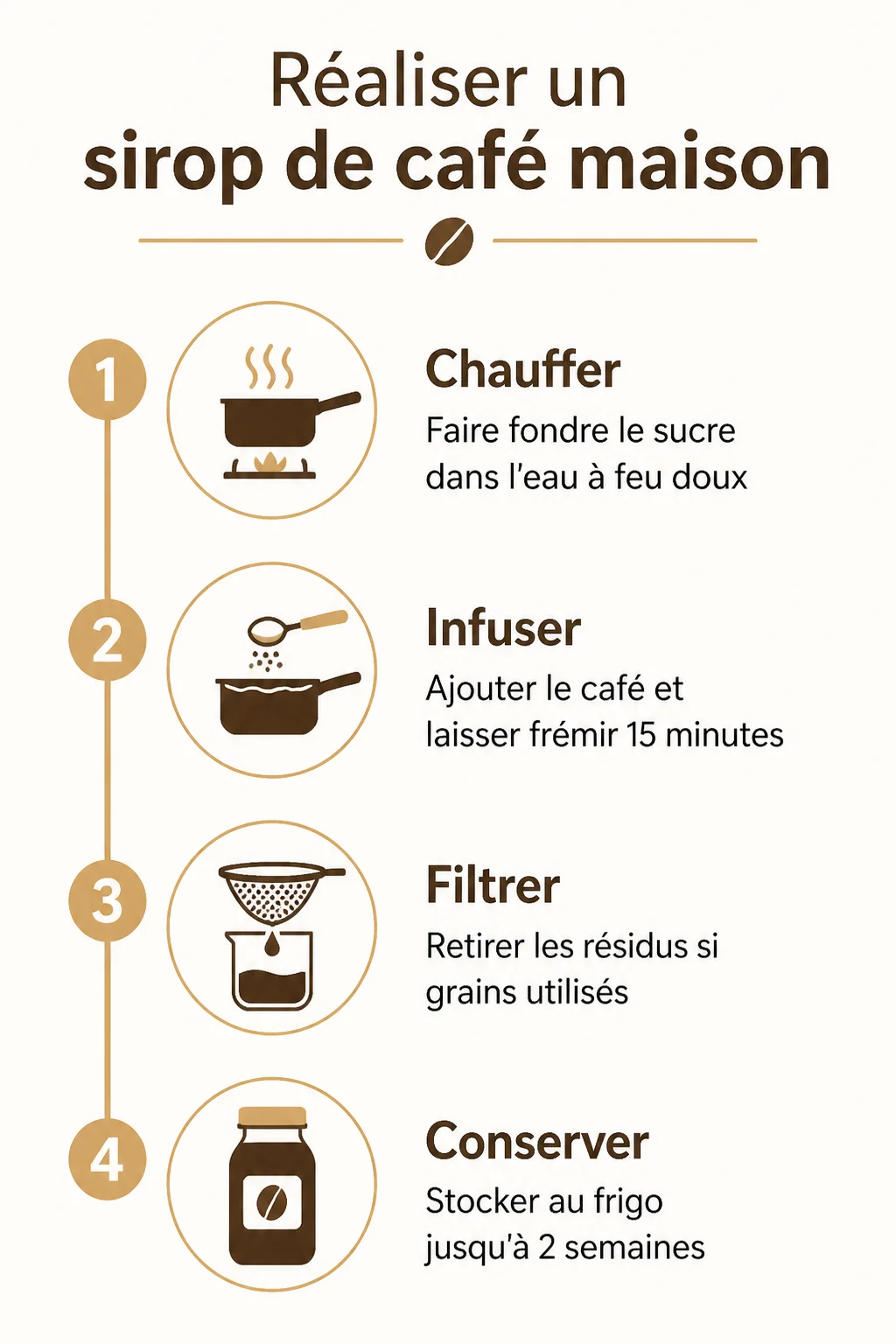 Réaliser un sirop de café maison : 1. Chauffer, 2. Infuser, 3. Filtrer, 4. Conserver