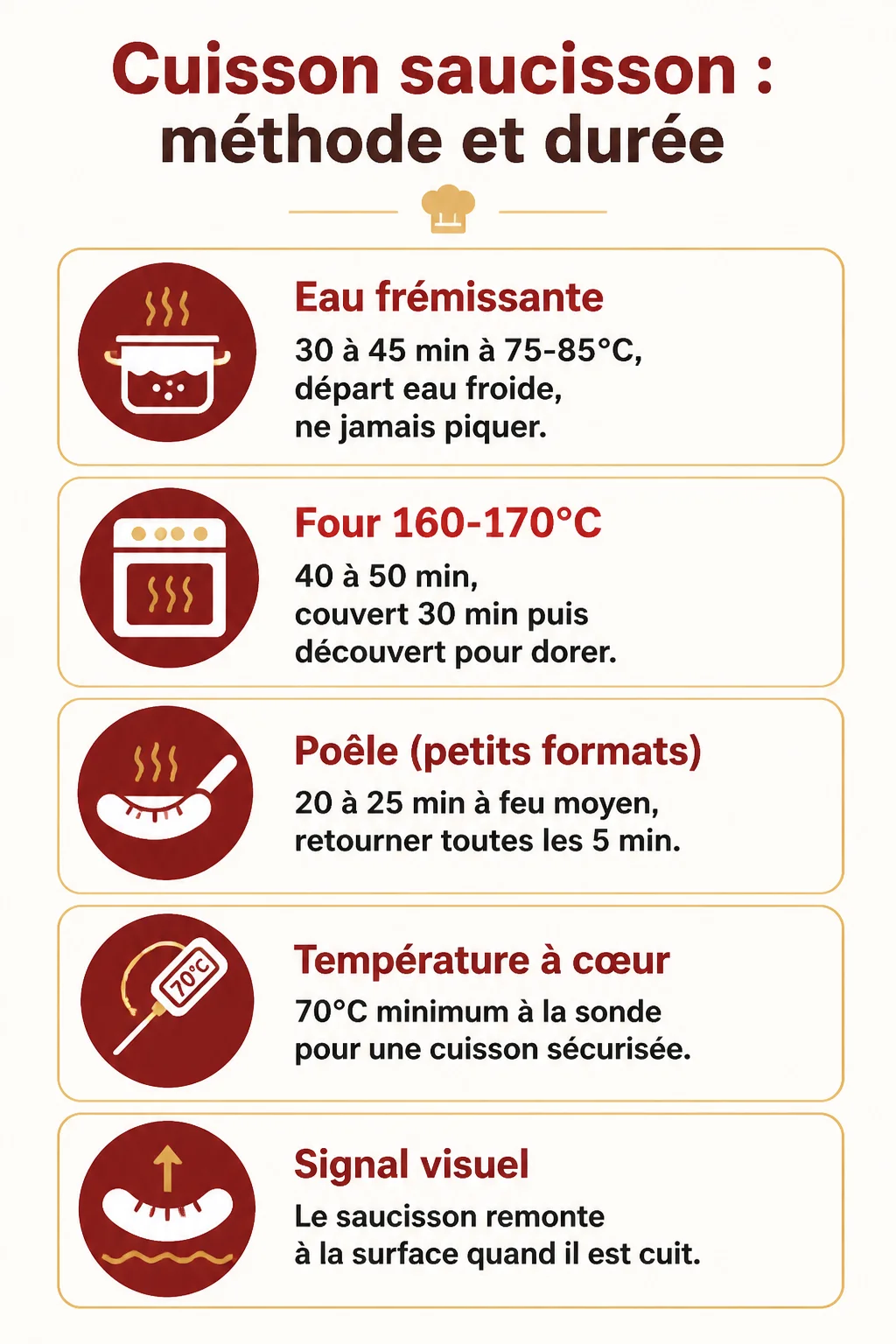 Cuisson saucisson : méthode et durée : Eau frémissante, Four 160-170°C, Poêle (petits formats), Température à cœur, Signal visuel