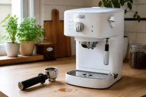 Machine à café expresso Silvercrest posée sur un plan de travail avec porte-filtre démonté