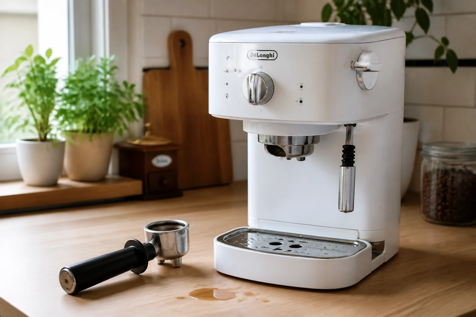 Machine à café expresso Silvercrest posée sur un plan de travail avec porte-filtre démonté