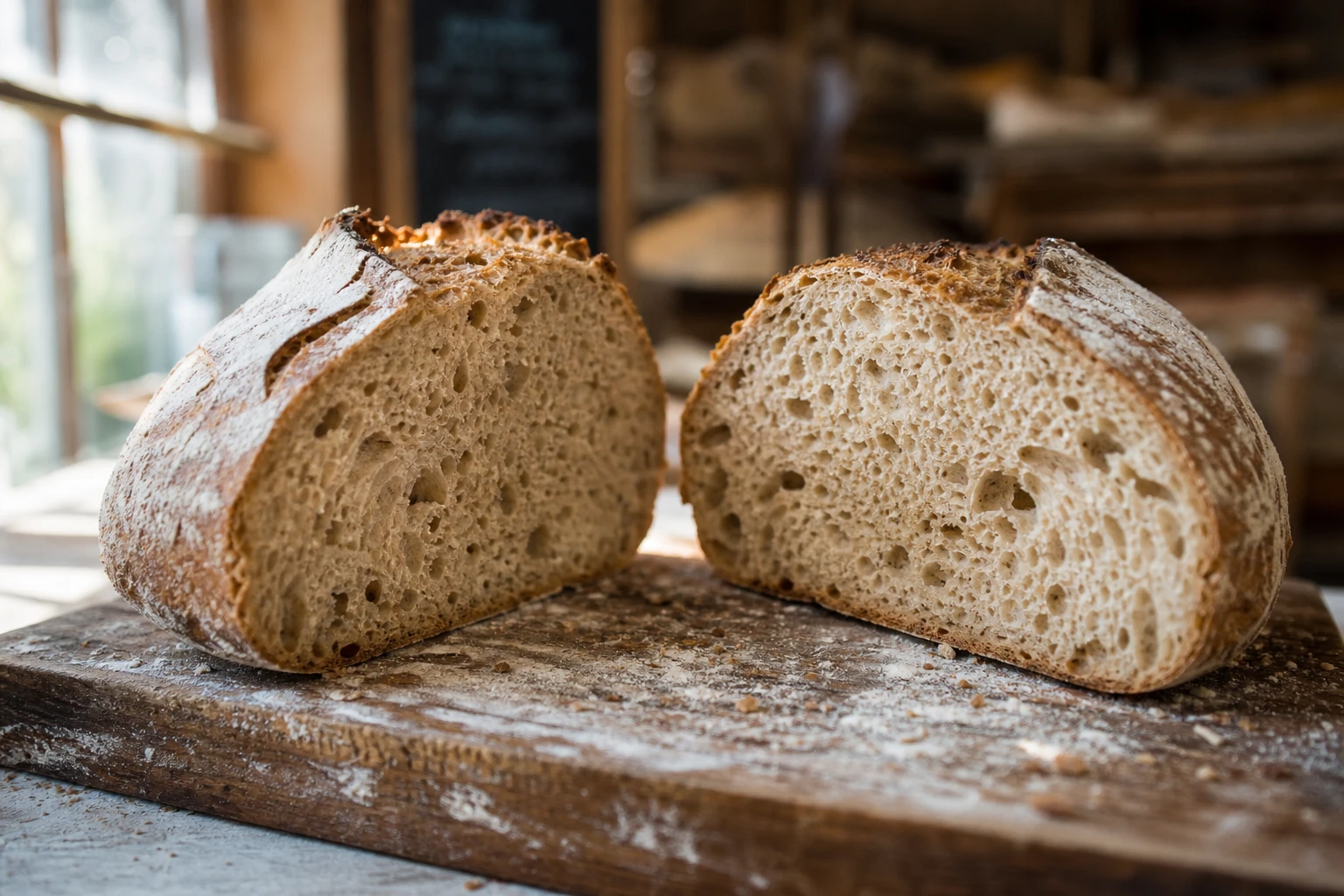 Pain au levain complet coupé montrant sa mie alvéolée sur une planche en bois