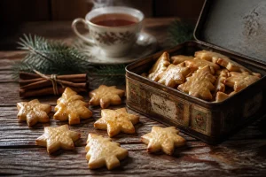Biscuits bredele traditionnels alsaciens dorés posés près d'une boîte en fer ancienne