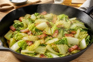 Poêlée de chou chinois aux lardons fumés dorés dans une poêle en fonte, vapeur légère