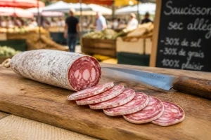 Saucisson sans gras tranché sur planche en bois avec couteau de charcutier