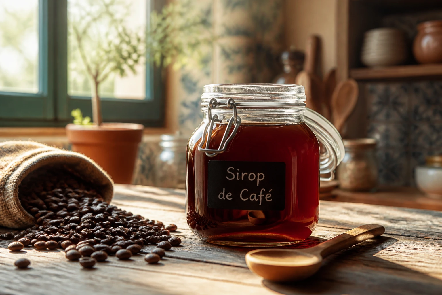 Bocal en verre de sirop de café maison entouré de grains de café torréfiés sur une table en bois