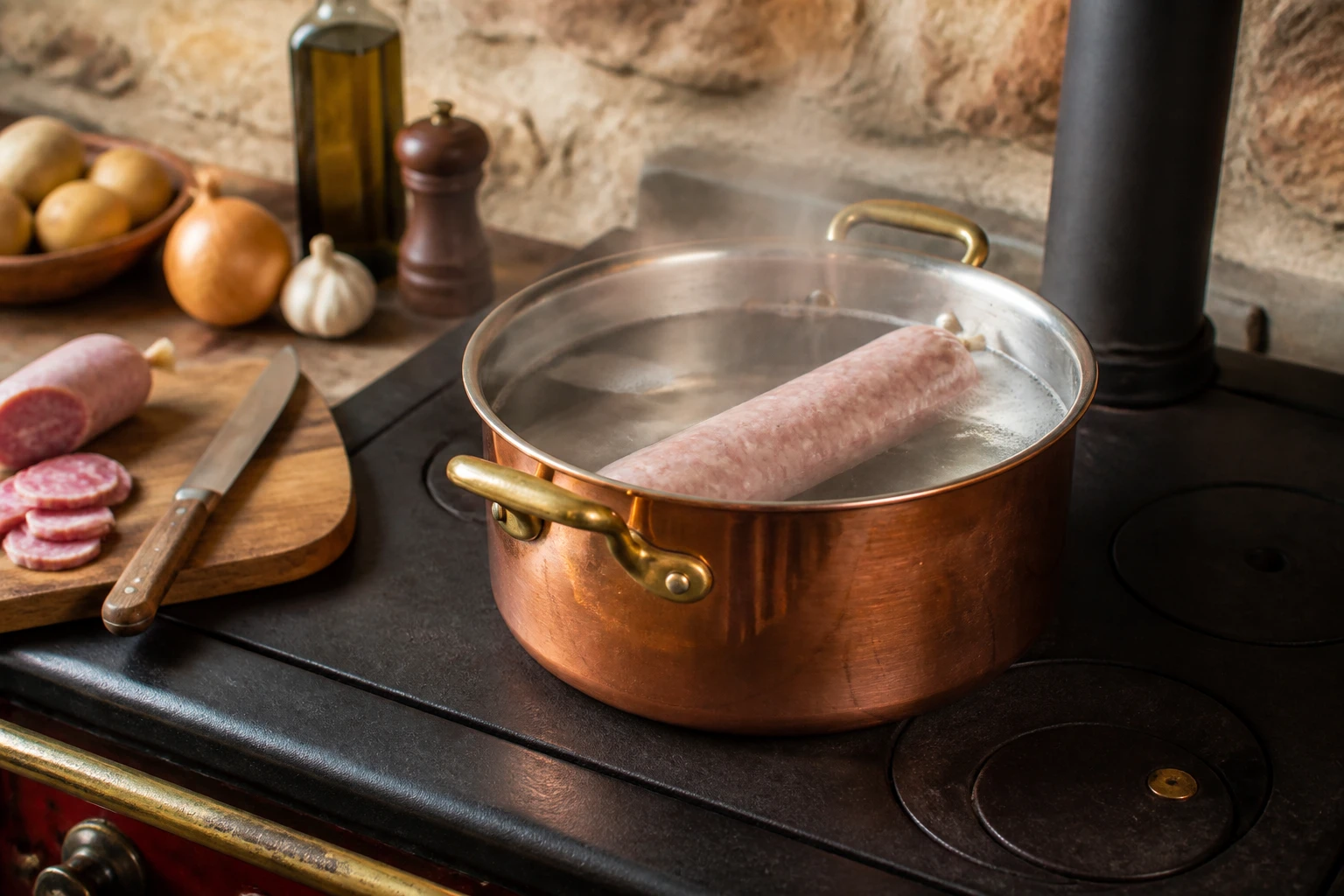 Saucisson à cuire poché dans une casserole d'eau frémissante, cuisine rustique française
