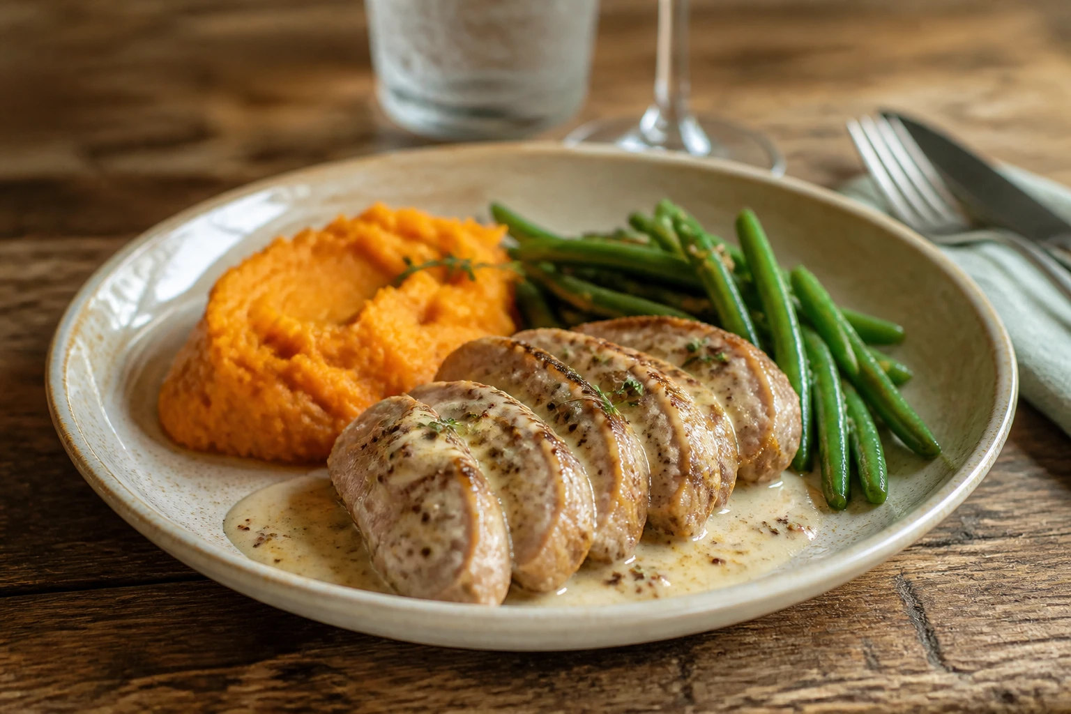 Filet mignon de porc en sauce accompagné de purée de patate douce et haricots verts sur assiette en céramique