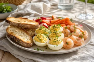Œufs mimosa dressés avec crudités, pain de campagne et crevettes sur table en bois