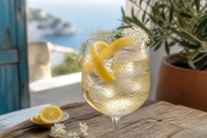 Cocktail Saint Germain Spritz servi dans un verre à vin avec zeste de citron et fleurs comestibles