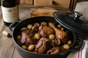 Cocotte de coq au vin mijoté avec oignons grelots et champignons, recette de grand-mère