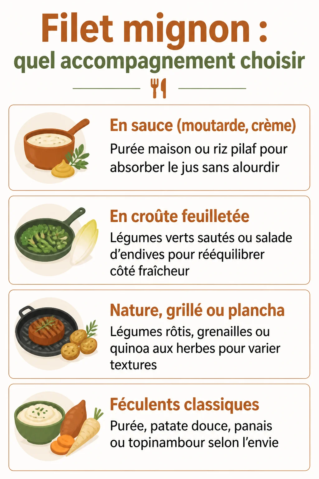 Filet mignon : quel accompagnement choisir : En sauce (moutarde, crème), En croûte feuilletée, Nature, grillé ou plancha, Féculents classiques