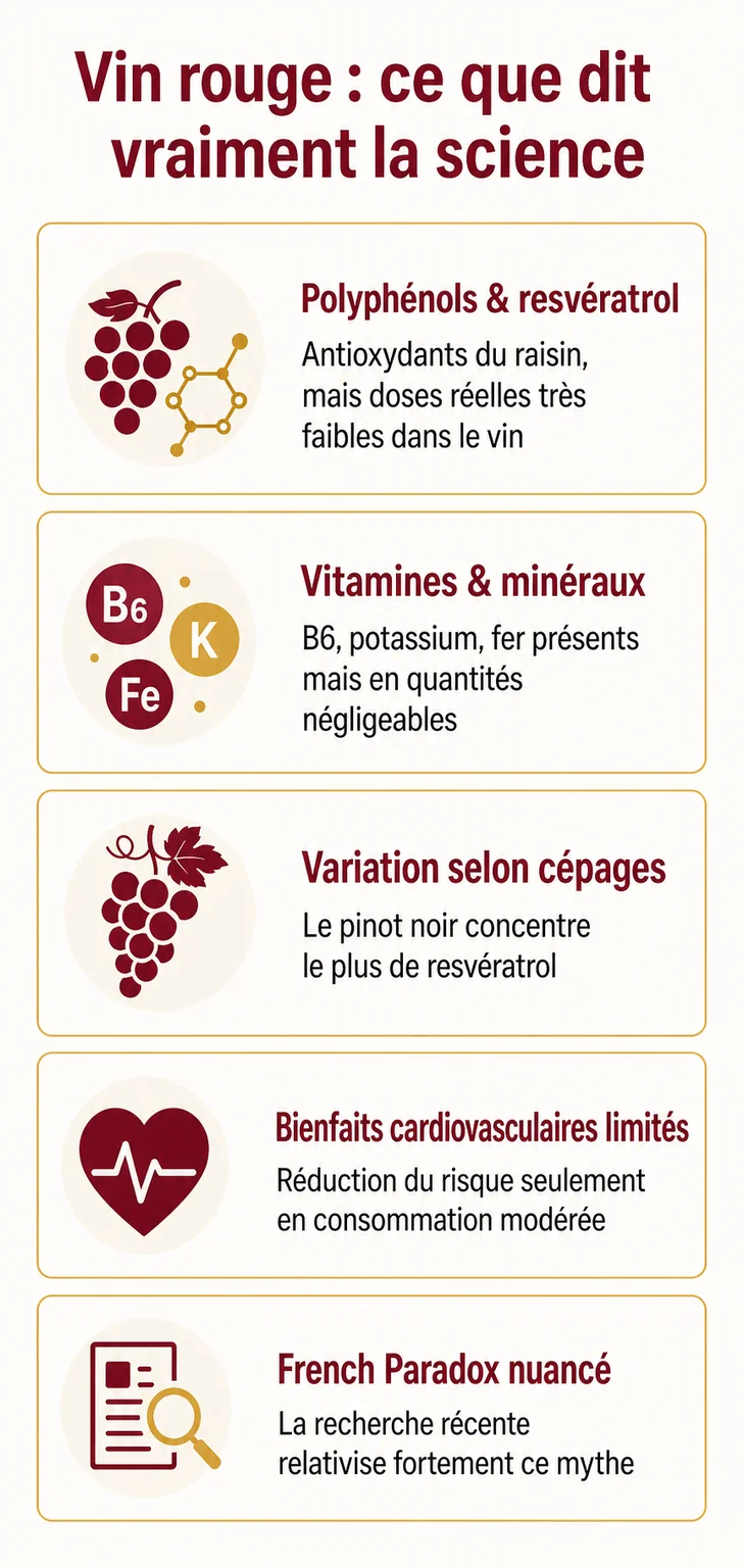 Vin rouge : ce que dit vraiment la science : Polyphénols & resvératrol, Vitamines & minéraux, Variation selon cépages, Bienfaits cardiovasculaires limités, French Paradox nuancé