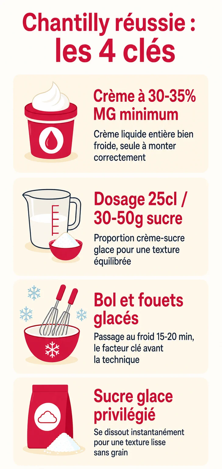 Chantilly réussie : les 4 clés : Crème à 30-35% MG minimum, Dosage 25cl / 30-50g sucre, Bol et fouets glacés, Sucre glace privilégié