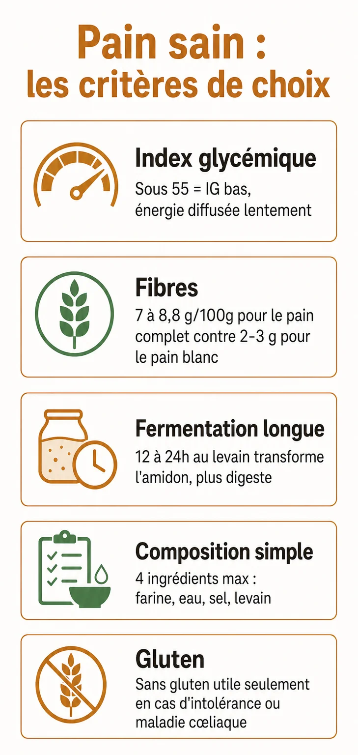 Pain sain : les critères de choix : Index glycémique, Fibres, Fermentation longue, Composition simple, Gluten