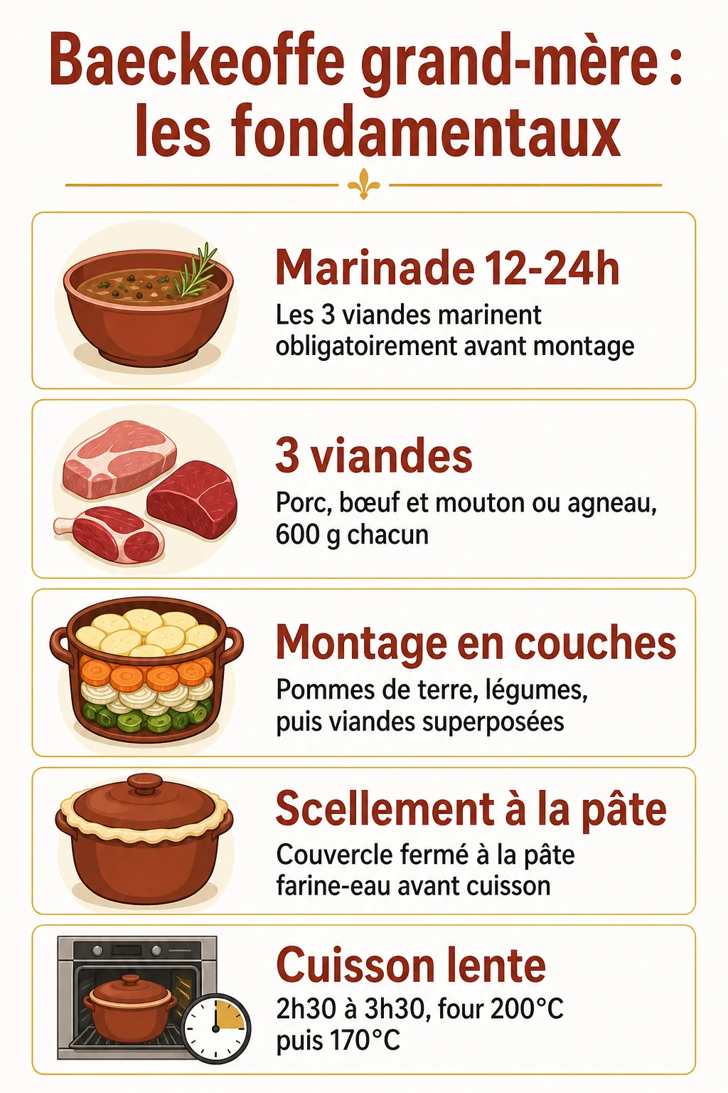 Baeckeoffe grand-mère : les fondamentaux : Marinade 12-24h, 3 viandes, Montage en couches, Scellement à la pâte, Cuisson lente