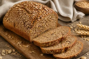 Pain viking maison entier et tranché, croûte dorée aux graines de tournesol, lin et sésame sur planche en bois