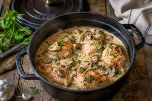 Poulet à la crème façon grand-mère mijoté en cocotte avec sauce onctueuse et champignons