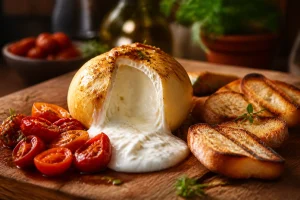 Stracciatella fumée coulant hors d'une burrata ouverte sur une planche en bois avec crostini et tomates confites